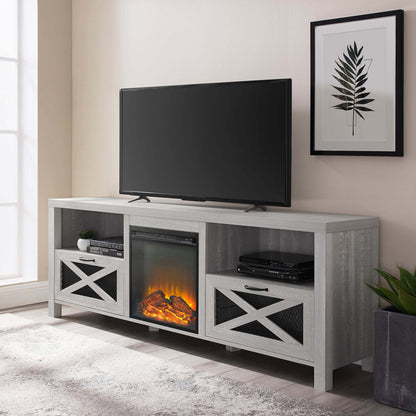 Industrial Farmhouse Metal Mesh Drop-Down X-Door 70" Fireplace TV Stand for 80" TVs - Stone Grey