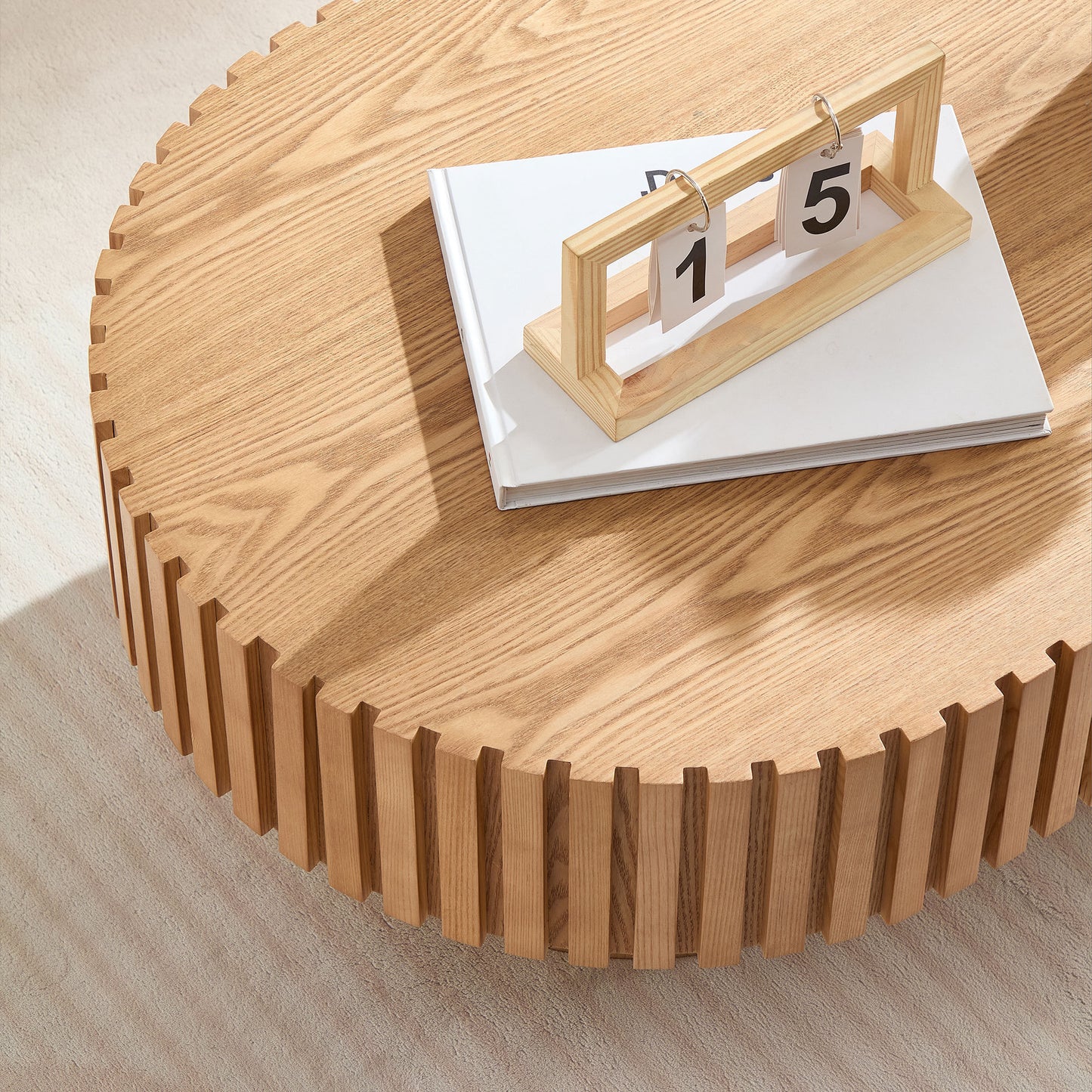 43.70Inch Modern Handcraft Drum Coffee Table Oval Coffee Table for Living Room,Small Wooden Coffee Table with Sturdy Pedestal for Office,ASH Color