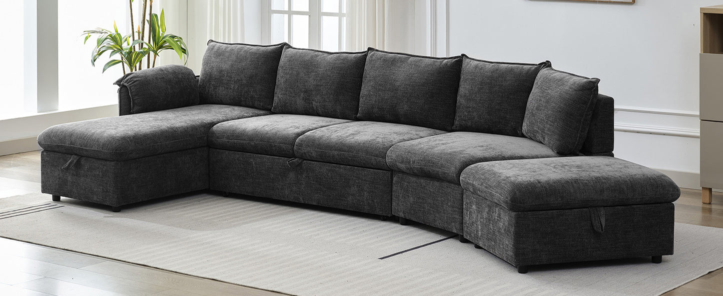 146.9" L-shaped Sofa Sectional Sofa Couch Pull-out Sofa Bed with a Movable Storage Ottoman, a Storage Chaise Lounge and Two USB Ports for Living Room, Grey