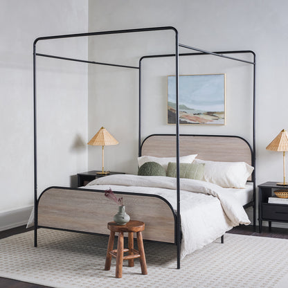 Modern Metal and Wood Canopy Queen Bedframe – Smoked Oak