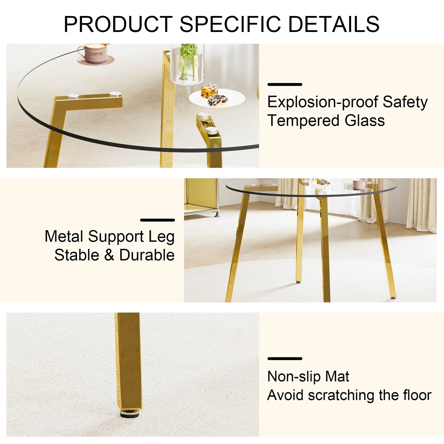 Table and chair set.Modern Luxurious Round Tempered Glass Dining Table Set-40*40 inch with 6 Transparent Plastic Dining Chair with Gold Metal Legs.Bring a comfortable home experience to the kitchen.