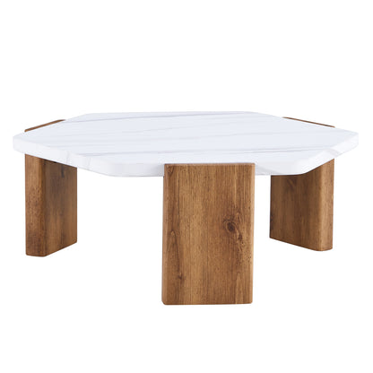 Modern practical MDF coffee table with white tabletop and wooden toned legs. Suitable for living rooms and guest rooms.