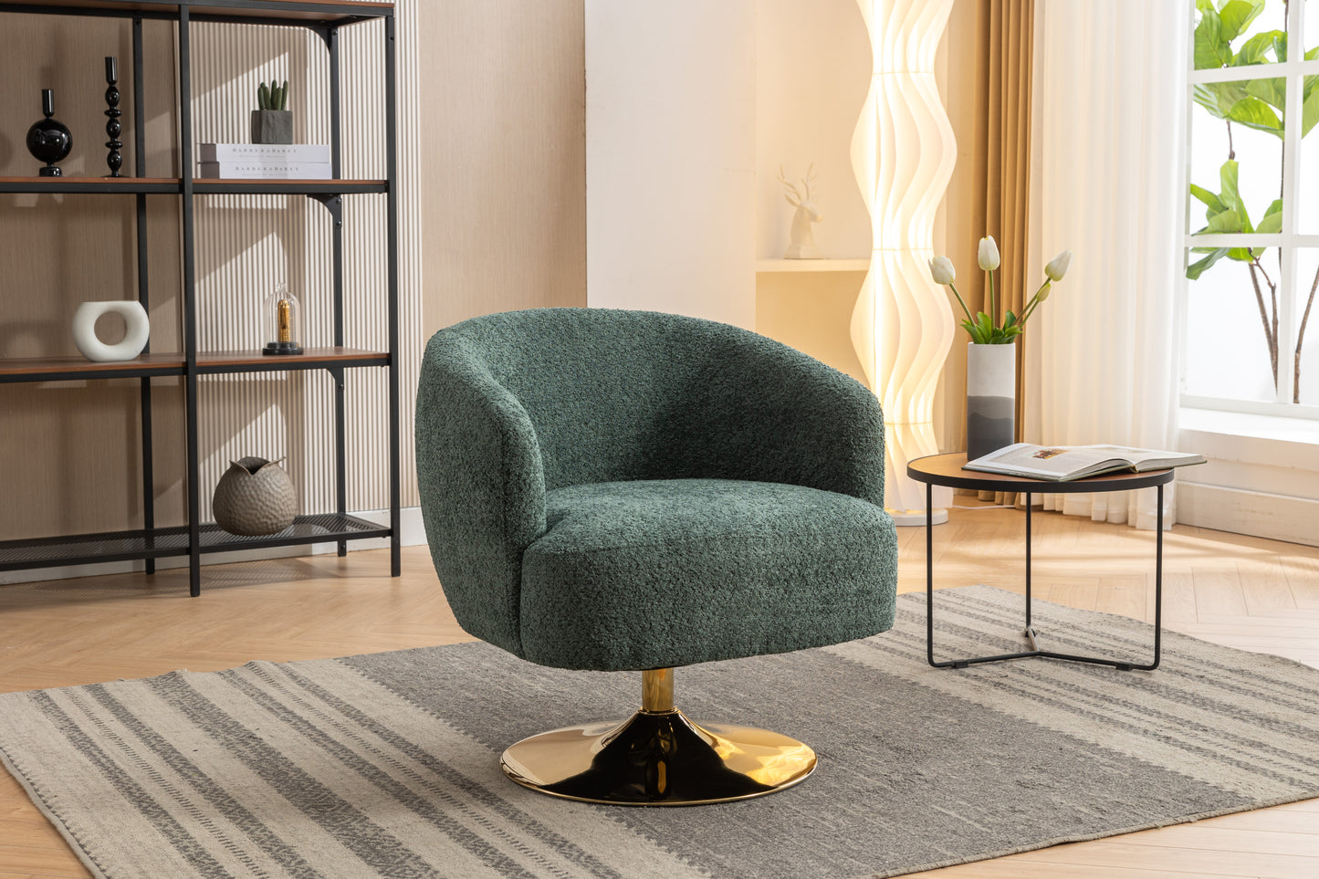 048-Chenille Fabric Accent Swivel Chair With Gold Metal Round Base,Green