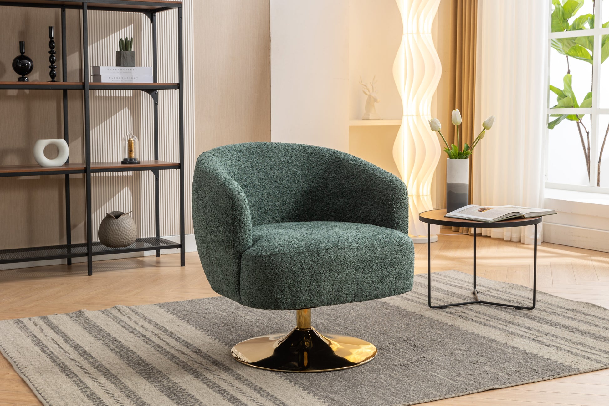 048-Chenille Fabric Accent Swivel Chair With Gold Metal Round Base,Green