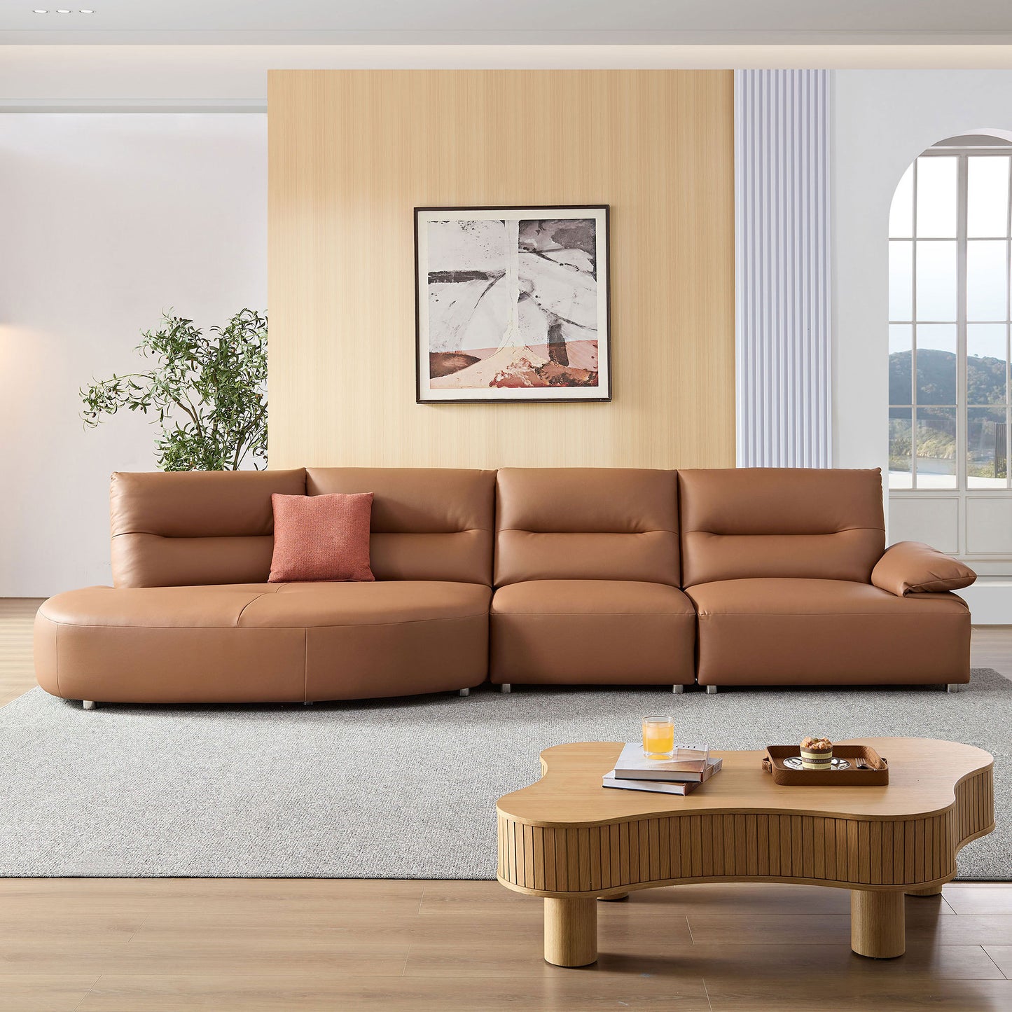 147.24'' Oversied Modern Sectional Curved Shaped Sofa Couch for Living Room,Upholstered 5-Seat Sofa Eco-leather Couch Set ,Brown