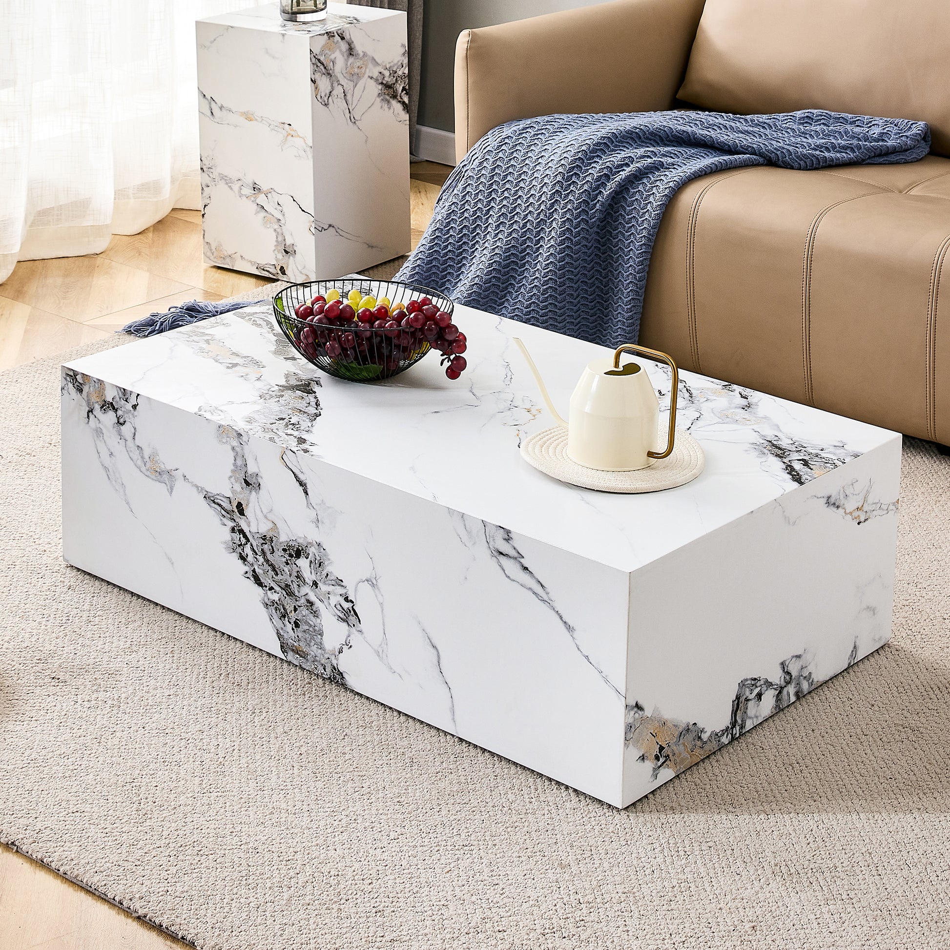 Modern MDF Coffee Table with Marble Pattern - 39.37x23.62x11.81 inches - Stylish and Durable Design W1151119518