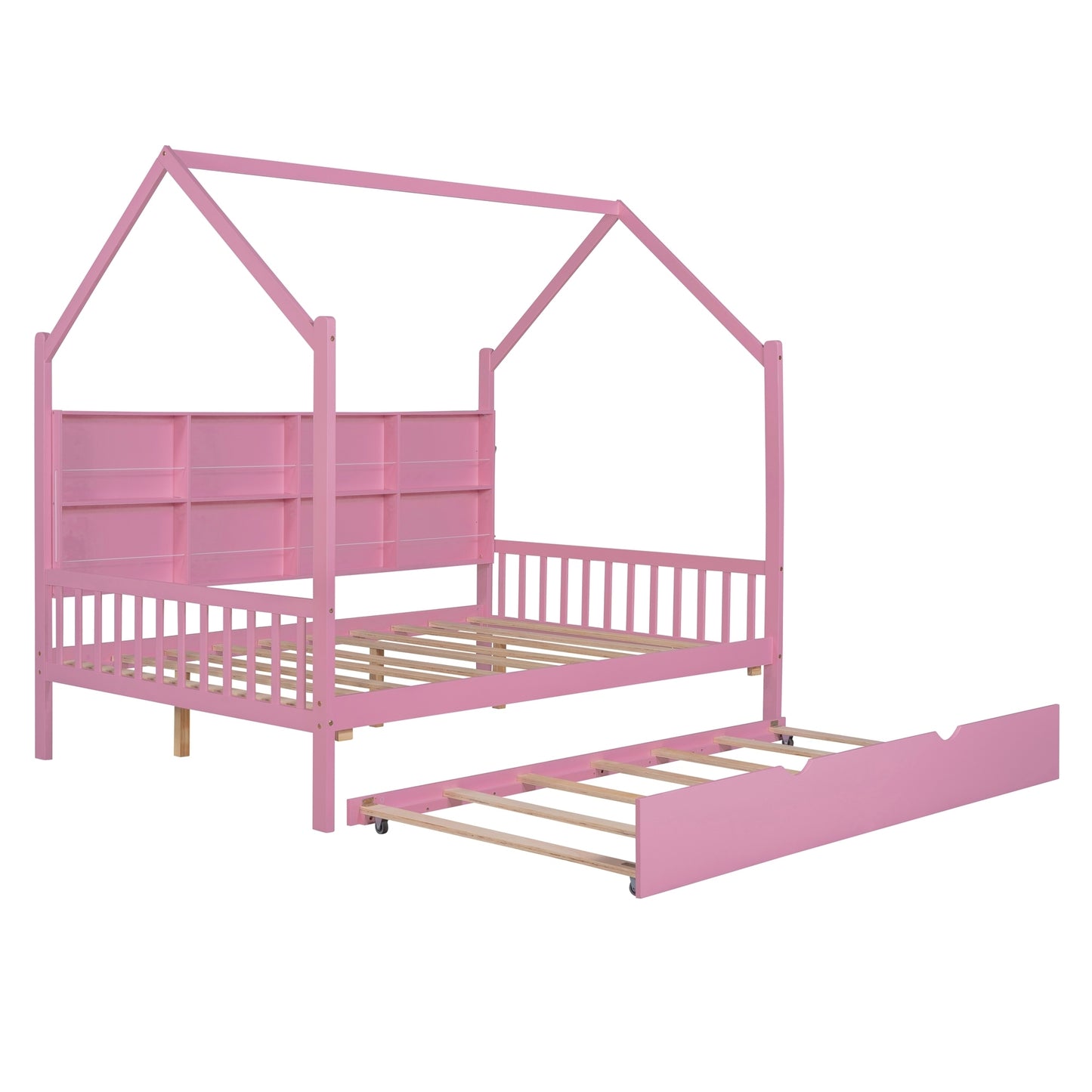 Wooden Full Size House Bed with Trundle,Kids Bed with Shelf,Pink