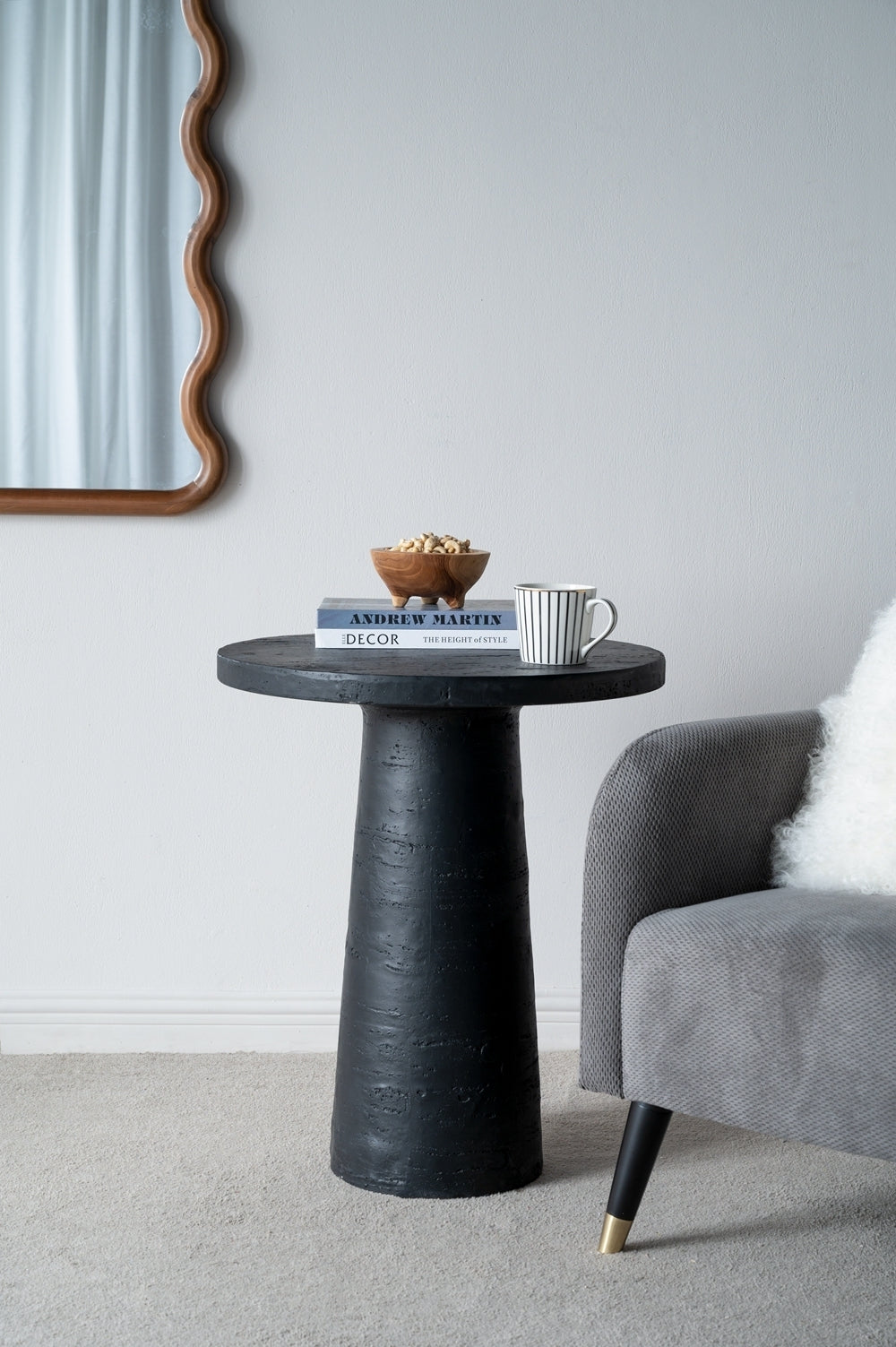 22x22x25.5" Black Cement Round Side Table with Pedestal Base