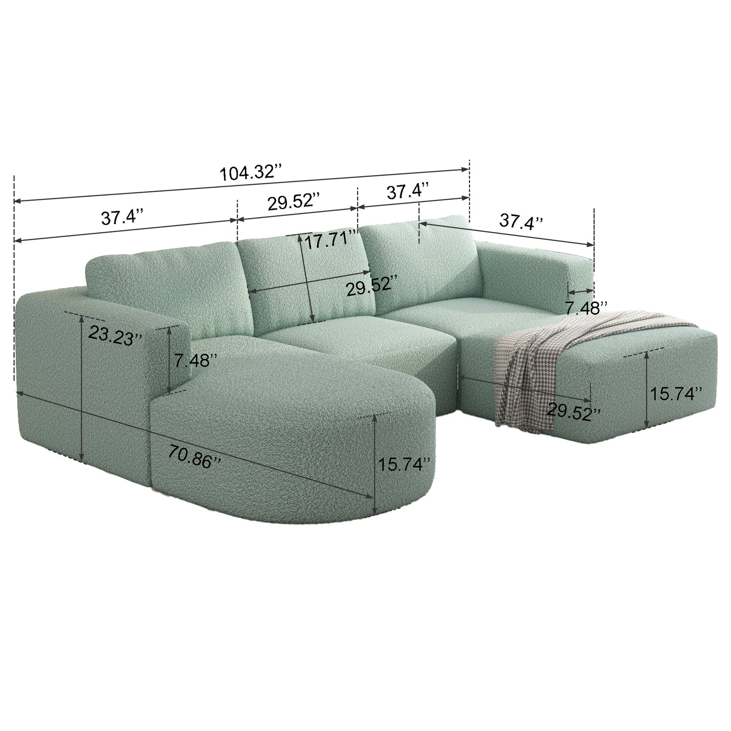 104.32*66.92 Modular Sectional Sofa Sleeper Couch, Sectional Sofa with Chaise and Ottoman, Convertible U Shaped Modular Sofa Set. Compressed spon, Light Green (Combo A+2B+2D)