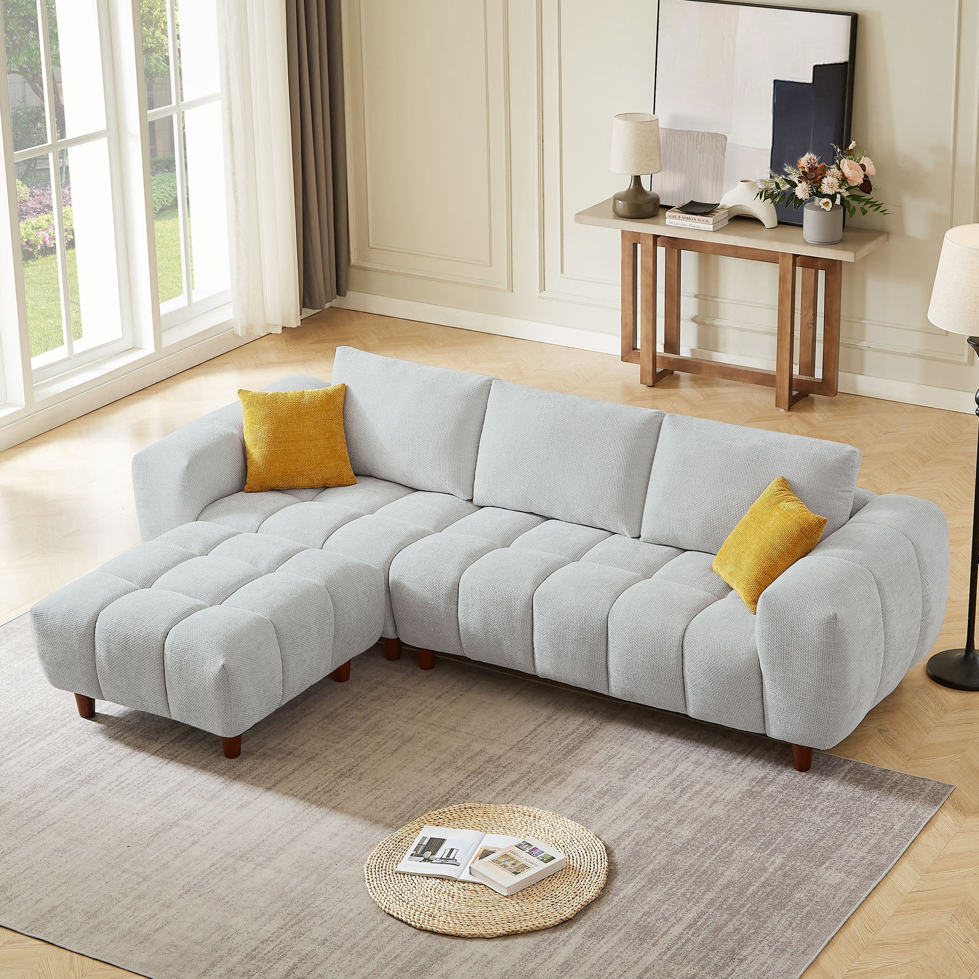 Convertible Sectional Sofa Couch, L Shaped Sofa with Fabric Couch,Modern Design Cream Style Marshmallow Sofa for Living Room and Office,Grey