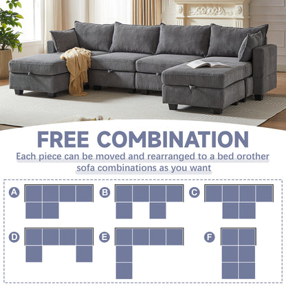 113.5'' Modular Sectiona Corduroy Sofa, Sectional Couches for Living Room U Shaped Sectional Couch with Storage Ottoman, 6 Seats Convertible Sectionals with Chaise