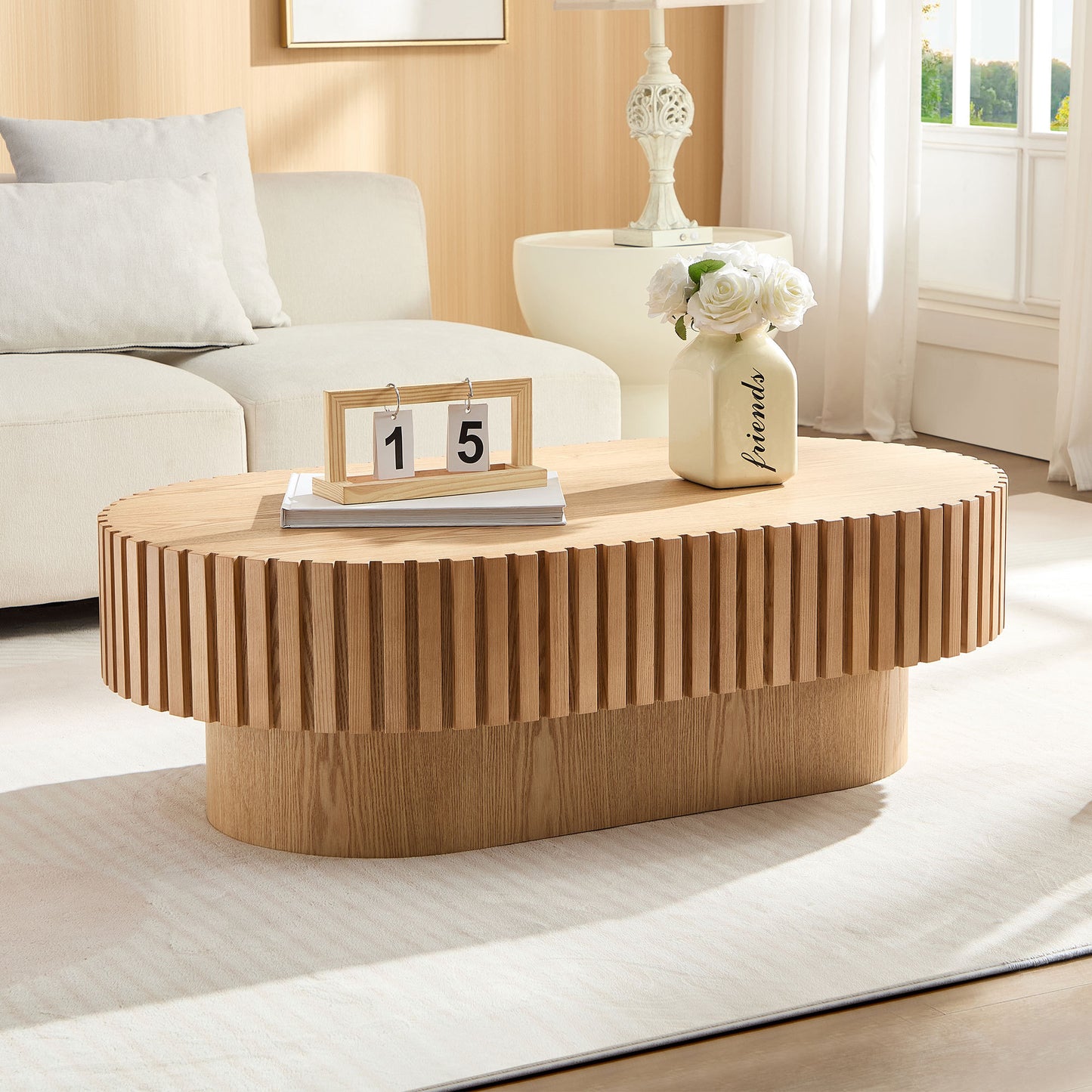 43.70Inch Modern Handcraft Drum Coffee Table Oval Coffee Table for Living Room,Small Wooden Coffee Table with Sturdy Pedestal for Office,ASH Color