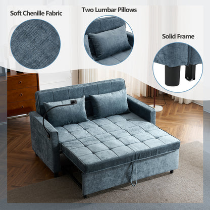 56.9" Loveseat Sofa Pull-out Sofa Bed Sleeper Sofa with a Reversible Backrest Cushion, Side Pockets, Two USB Ports and a Phone Holder for Living Room, Blue