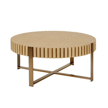 Modern Handcraft Drum Coffee Table 31.5 inch Round Coffee Table for Living Room,Small Coffee Table with Sturdy Pedestal,Natural Ash