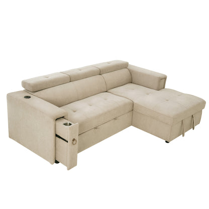 96" Multi-Functional Pull-Out Sofa Bed L-Shape Sectional Sofa with Adjustable Headrest, Wireless Charging, Cup Holders and Hidden Storage for Living Room, Bedroom, Office, Beige