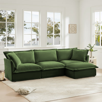 L-Shaped Slipcovered Sectional Sofa Couch, Comfy Chenille Deep Seat Cloud Couch with Convertible Ottoman & 2 Big Pillows, Modern Oversized 3 Seater Slipcovered Sofa Set for Living Room Office, Green