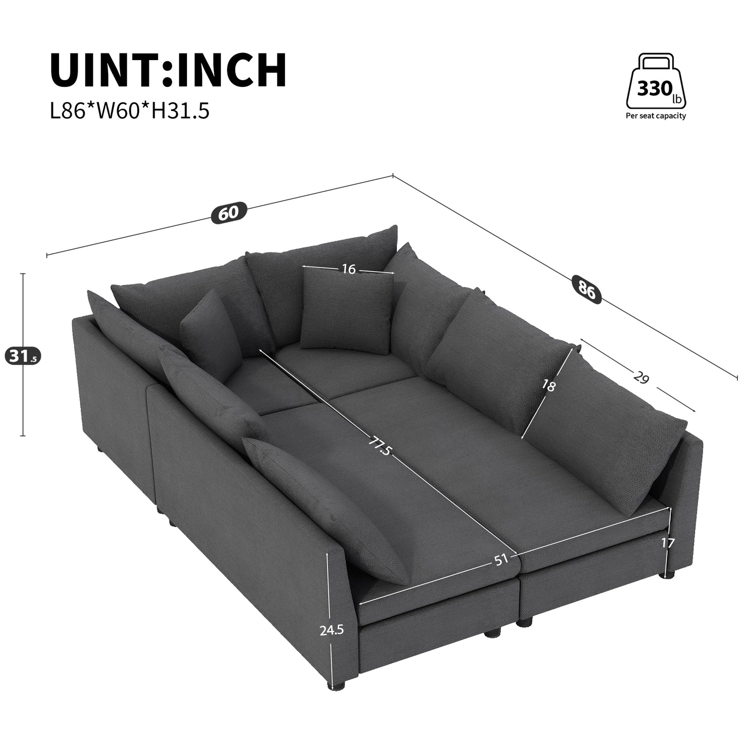 86*60'' Modular Sectional Sofa Bed,Chenille Couch Set with Pillows,Free Combination,Minimalist Style Indoor Furniture,Oversized 6 Seat Convertible Sofa for Living Room,Apartment,2 Colors