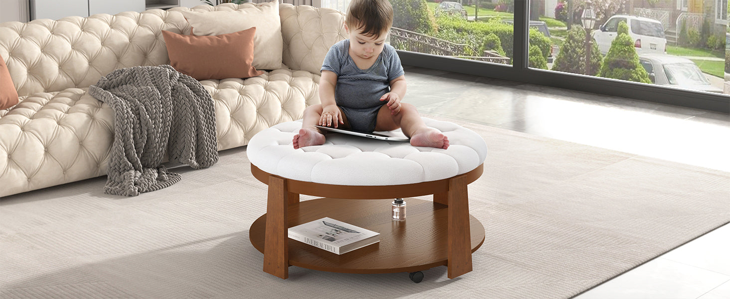 Modern Large Round Ottoman Coffee Table 2-Tier Oversized Button Tufted Ottoman with Wood Shelf Storage Upholstered Coffee Table for Living Room Footrest Ottoman with wheel, waterproof Linen