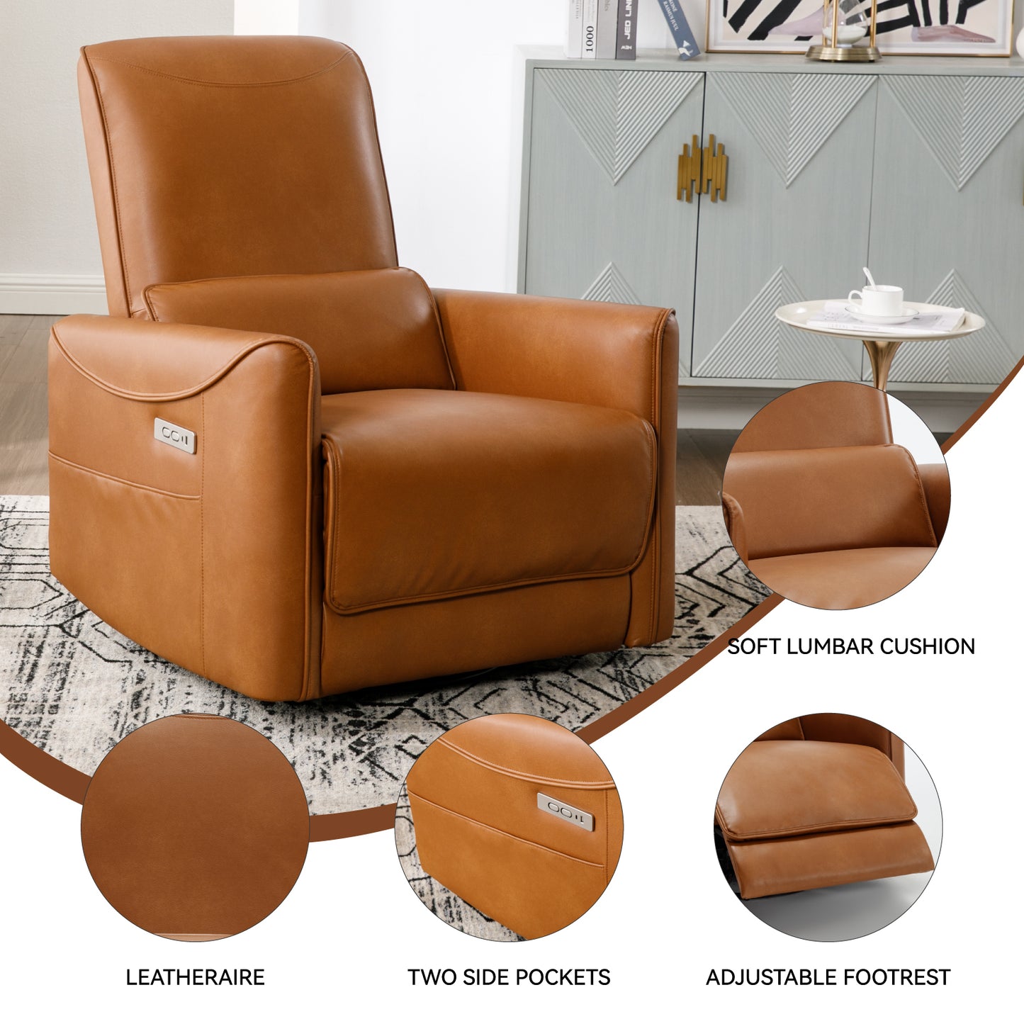 Yellow Brown Leatheraire Swivel and Rocker Power Recliner Chair, Heavy Duty Motion Mechanism with USB and Type-C Ports