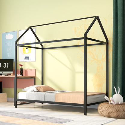 House Bed Frame Twin Size , Kids Bed Frame Metal  Platform Bed  Floor Bed for Kids Boys Girls No Box Spring Needed Black