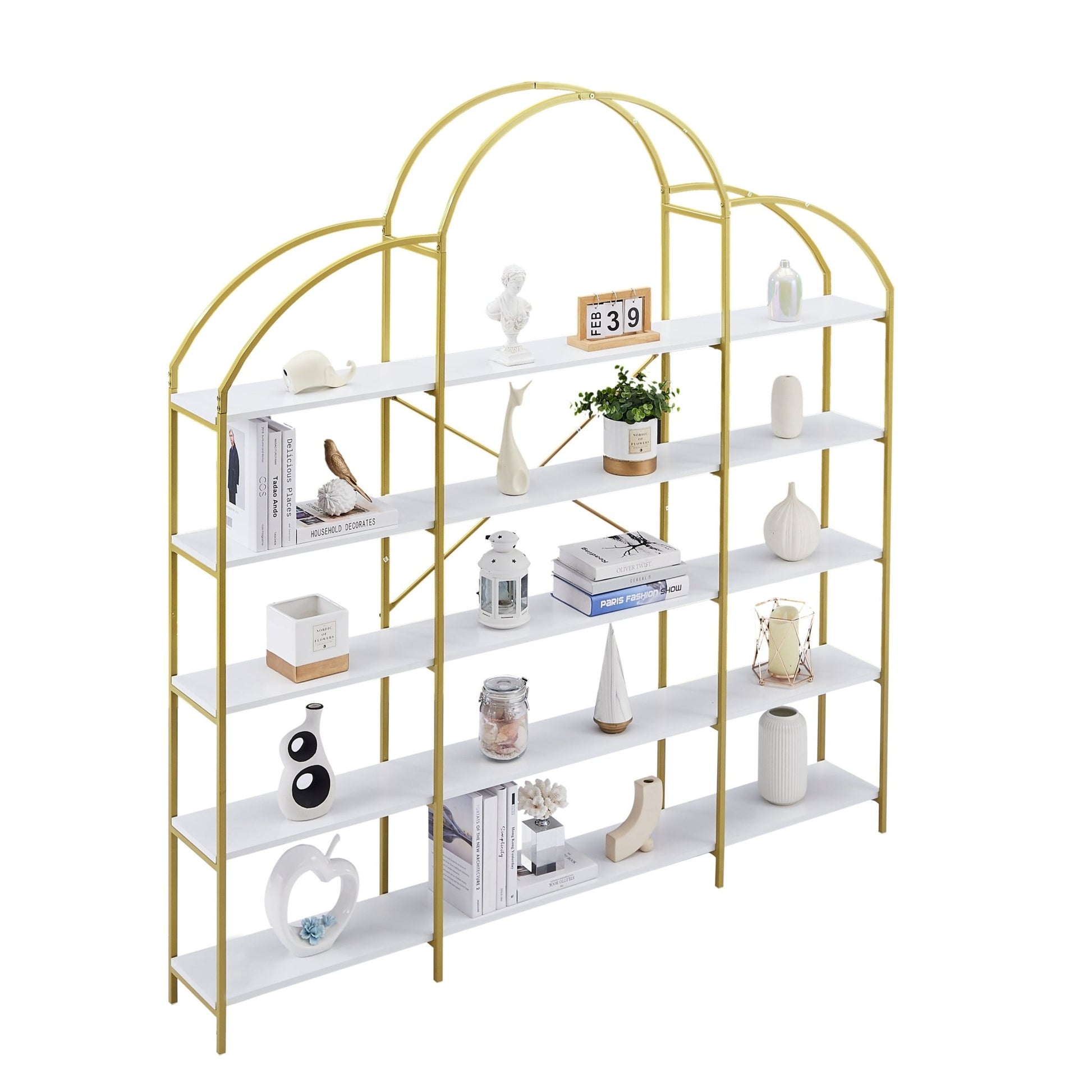 74.8 Inch 5 Tiers Office Bookcase Bookshelf, Display Shelf with Round Top, X Bar Gold Frame - Groovy Boardz