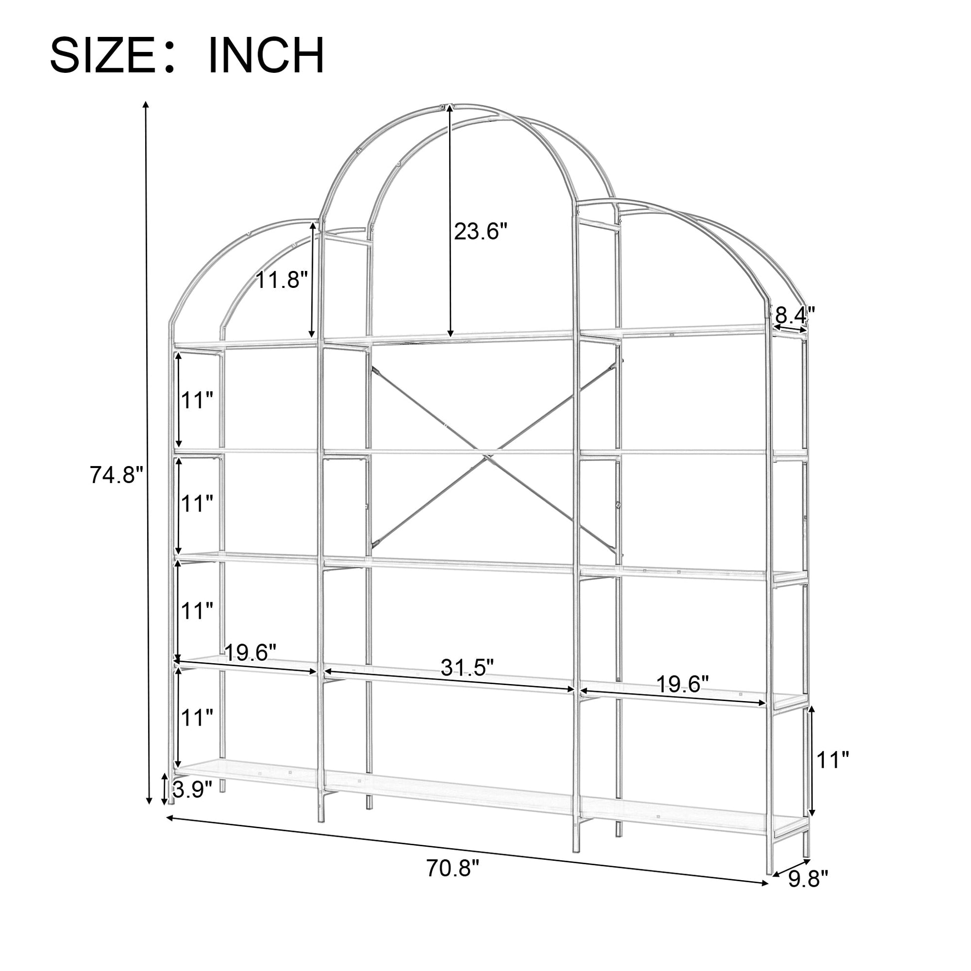 74.8 Inch 5 Tiers Office Bookcase Bookshelf, Display Shelf with Round Top, X Bar Gold Frame - Groovy Boardz