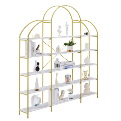 74.8 Inch 5 Tiers Office Bookcase Bookshelf, Display Shelf with Round Top, X Bar Gold Frame - Groovy Boardz