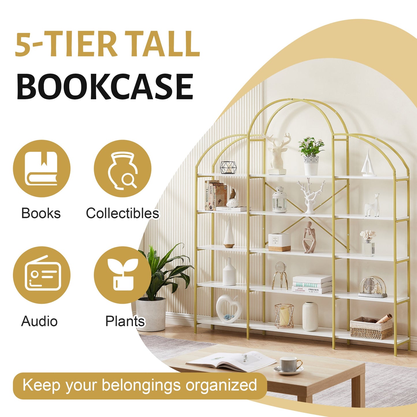 74.8 Inch 5 Tiers Office Bookcase Bookshelf, Display Shelf with Round Top, X Bar Gold Frame - Groovy Boardz