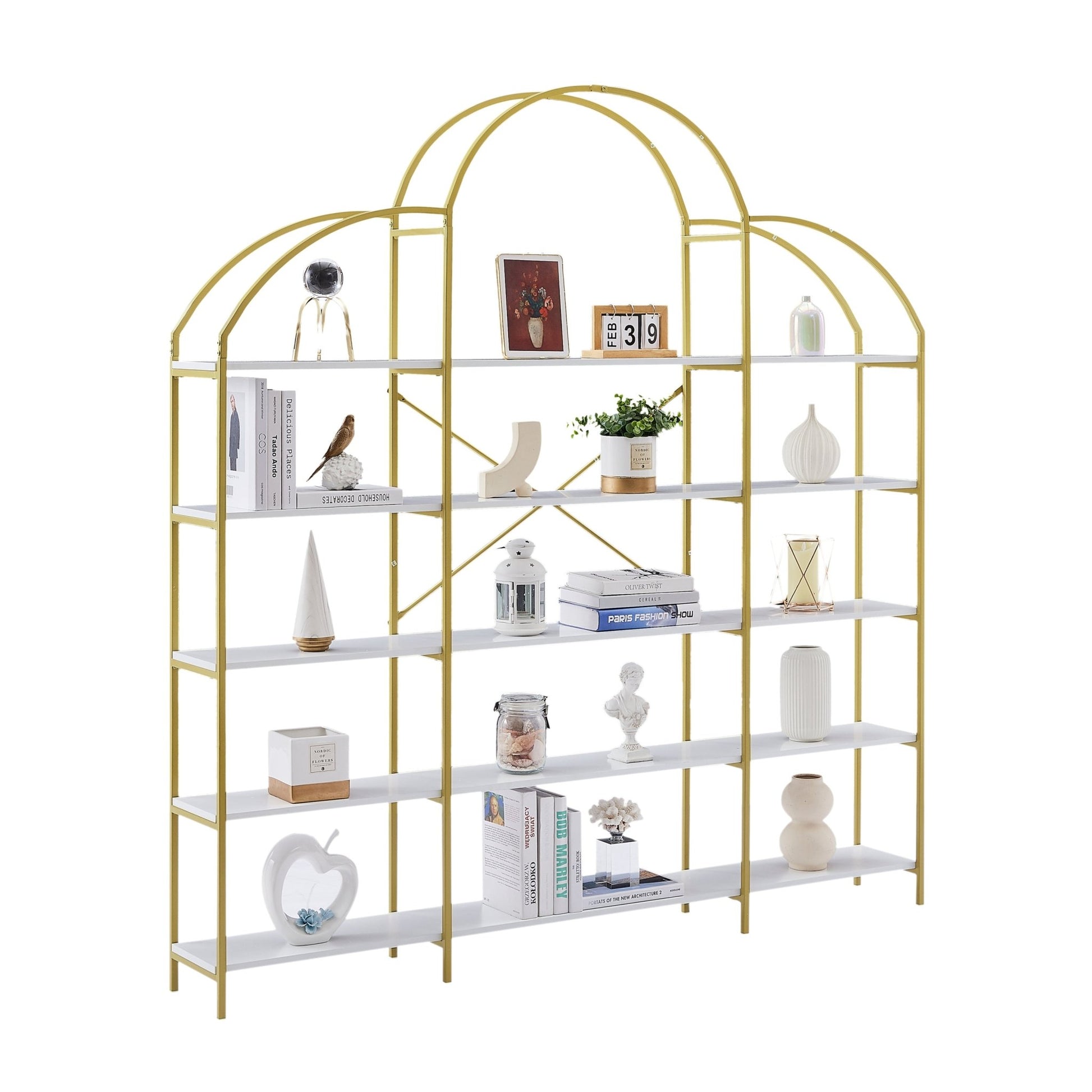 74.8 Inch 5 Tiers Office Bookcase Bookshelf, Display Shelf with Round Top, X Bar Gold Frame - Groovy Boardz