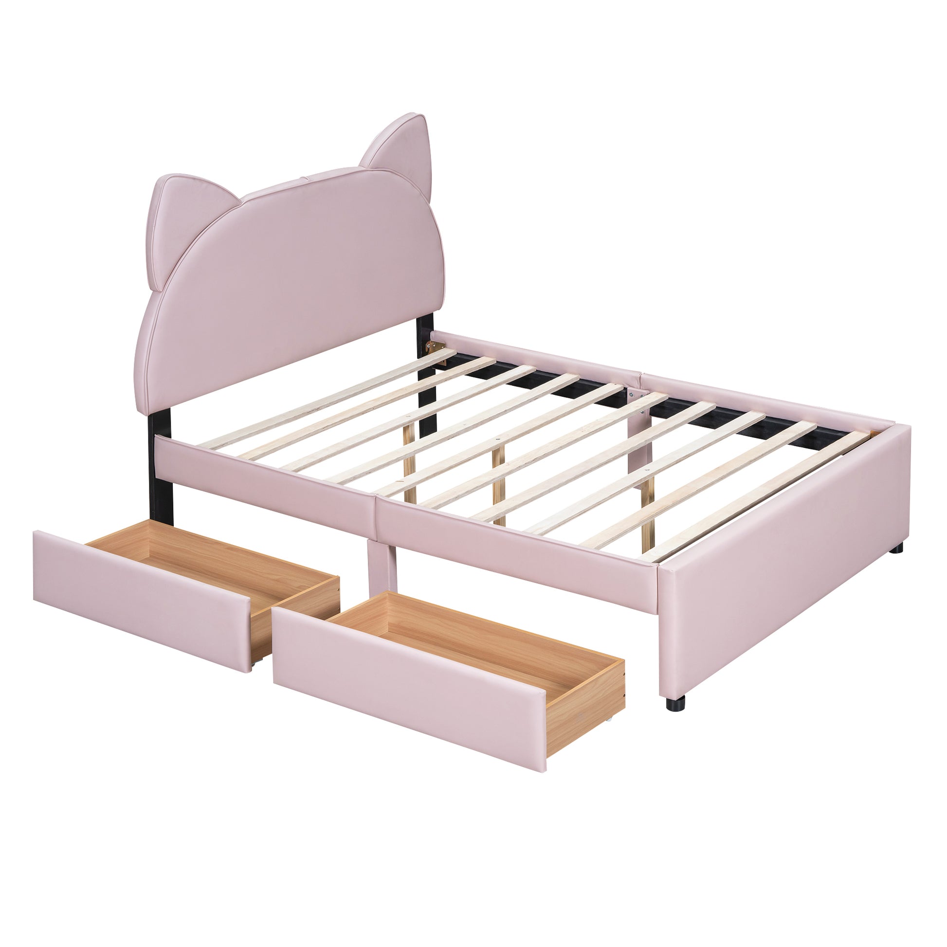 Full Size Upholstered Platform Bed with Cartoon Ears Shaped Headboard and 2 Drawers, Pink