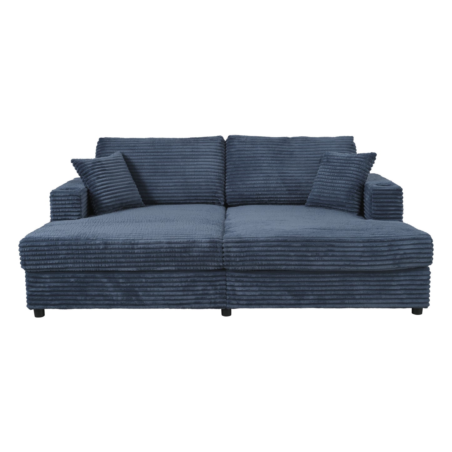 86.5" Oversized Loveseat Chaise Lounge Sectional Sofa Bed Corduroy Sleeper Sofa with Two USB Ports , Two Cup Holders and Two Throw Pillows for Living Room and Bedroom, Blue