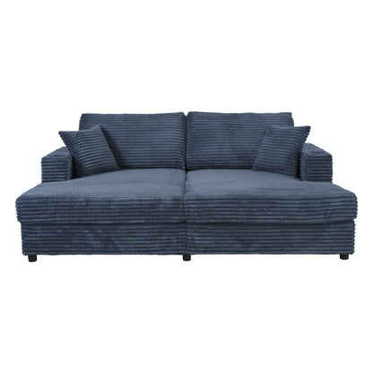 86.5" Oversized Loveseat Chaise Lounge Sectional Sofa Bed Corduroy Sleeper Sofa with Two USB Ports , Two Cup Holders and Two Throw Pillows for Living Room and Bedroom, Blue