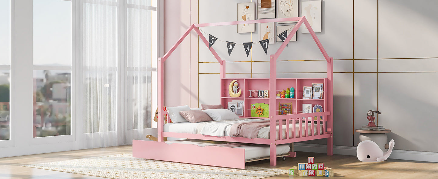 Wooden Full Size House Bed with Trundle,Kids Bed with Shelf,Pink