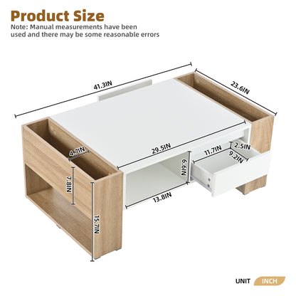 ON-TREND High Glossy Coffee Table with 2 Drawers, Practical Two Tone Center Table with Hidden Compartments, Rectangle Cocktail Table with Open Storage Shelf for Living Room, Bedroom, White, 41.3*23.6"