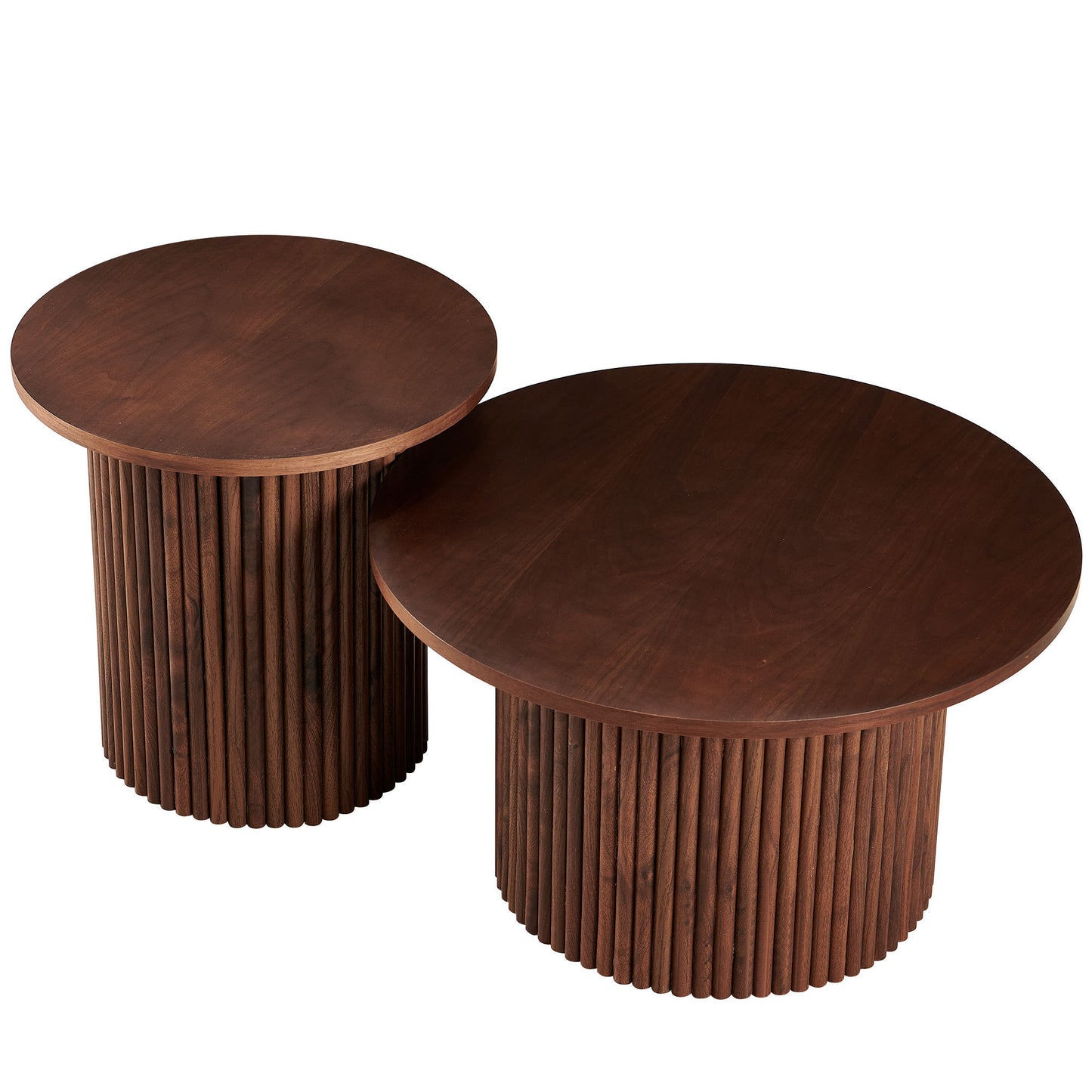 Walnut Wood Veneer Tabletop, Set of 2 Round Coffee Tables, Farmhouse Circle Coffee Table MDF Table-top with Metal Base, Sofa Side Table for Living Room, Reception Room