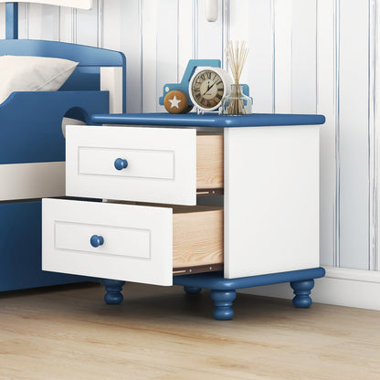 Wooden Nightstand with Two Drawers for Kids,End Table for Bedroom,White+Blue