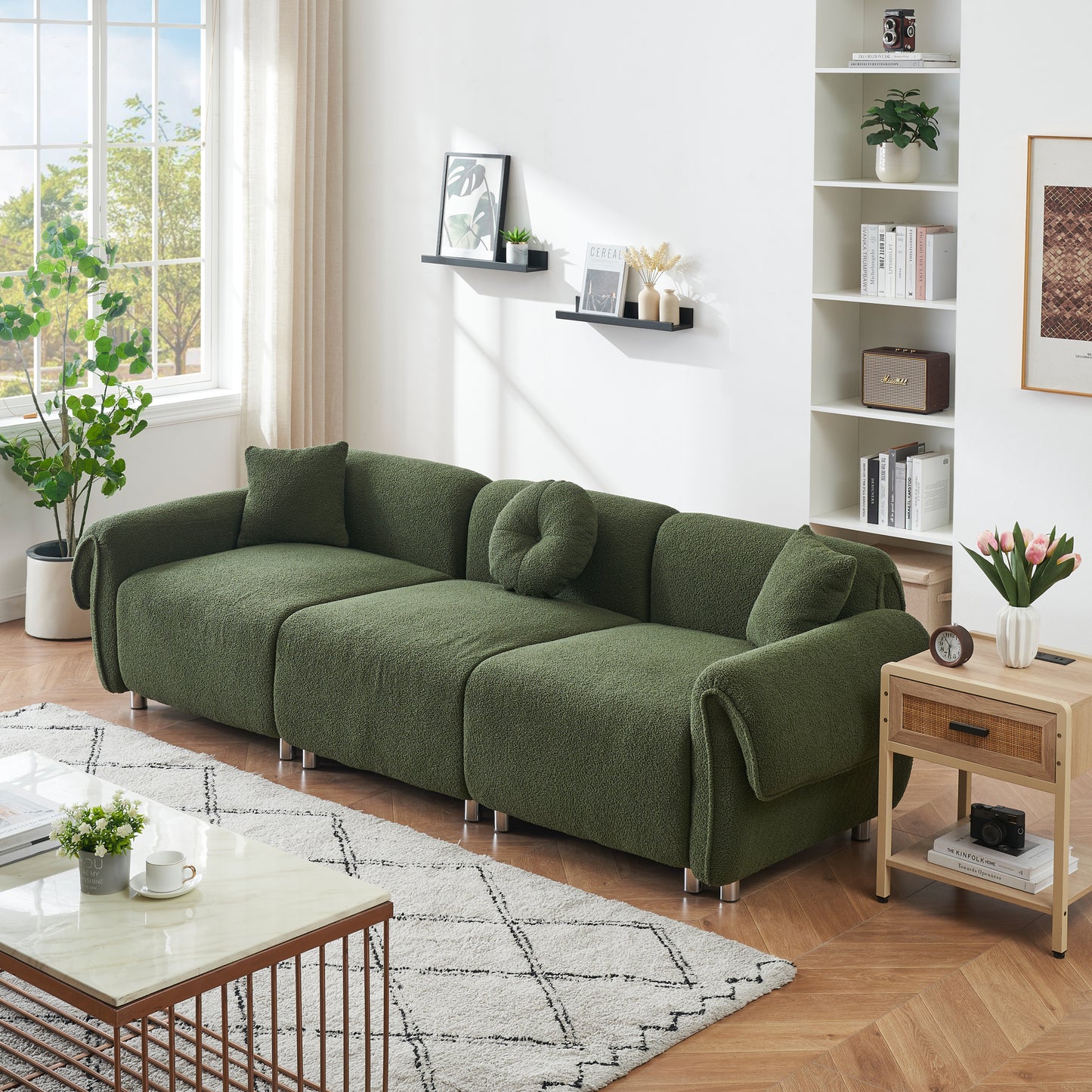 24005 green teddy velvet fabric, with 3 pillows, three-person sofa can be placed in the living room and other scenes