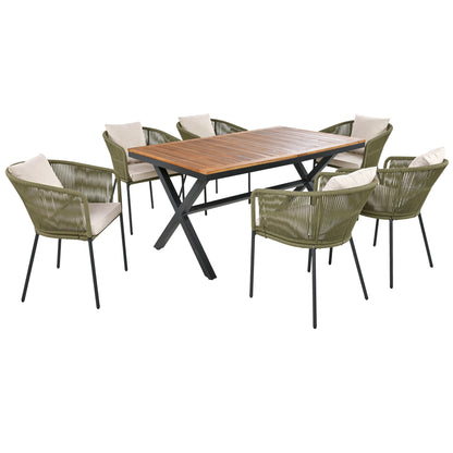 GO 7 Pieces Patio Dining Set, All-Weather Outdoor Furniture Set with Dining Table and Chairs, Acacia Wood Tabletop, Metal Frame, for for Garden, Backyard, Balcony, Green