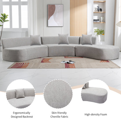 136.6" Stylish Curved sofa Sectional Sofa Chenille Fabric Sofa Couch with Three Throw Pillows for Living Room, Grey