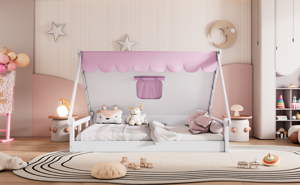 Wooden Full Size Tent Bed with Fabric for Kids,Platform Bed with Fence and Roof, White+Pink