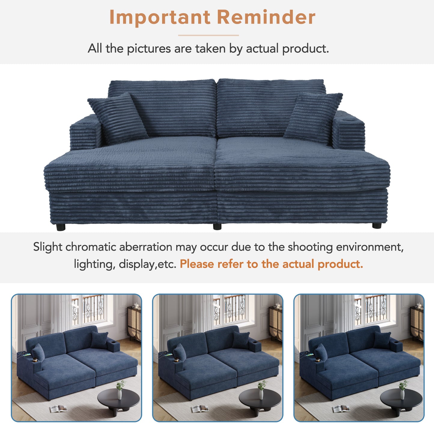 86.5" Oversized Loveseat Chaise Lounge Sectional Sofa Bed Corduroy Sleeper Sofa with Two USB Ports , Two Cup Holders and Two Throw Pillows for Living Room and Bedroom, Blue