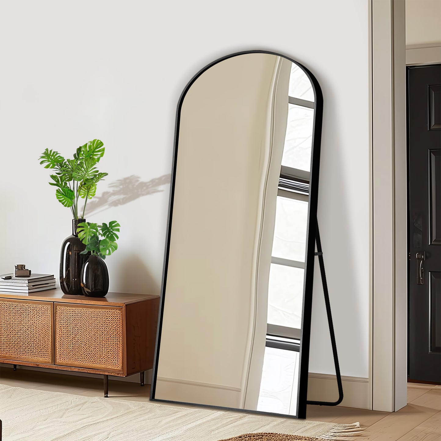 Aluminum alloy thin edged right angled arched black full-length mirror with stand 71 *31 * 2 inch Bathroom Vanity Mirror for Bedroom Entryway, Living/Dressing Room