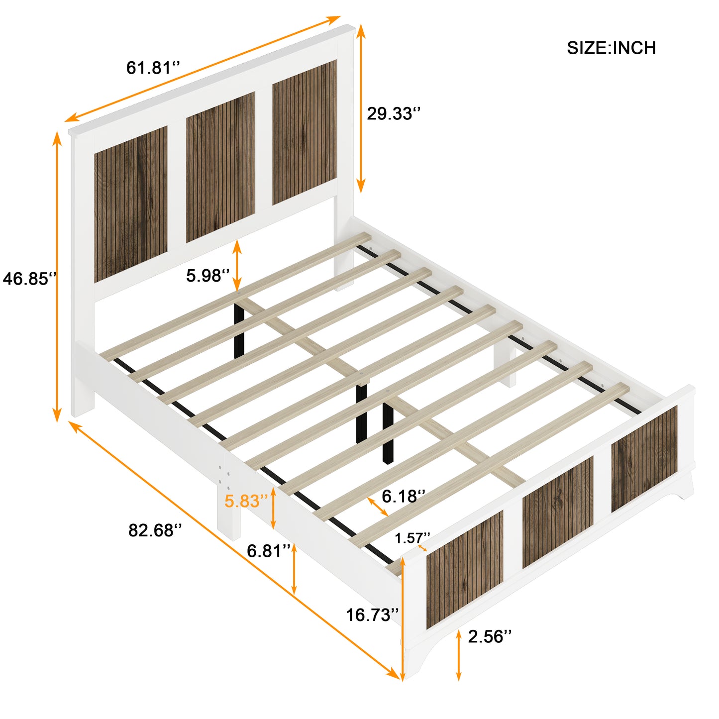 Farmhouse Wooden Platform Queen Size Bed, Modern Platform Bed with Wooden Strip Decoration, Plywood Slats Support, White