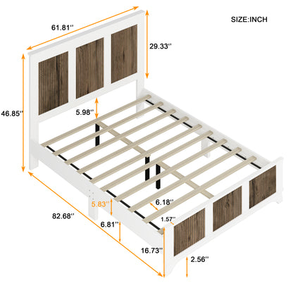 Farmhouse Wooden Platform Queen Size Bed, Modern Platform Bed with Wooden Strip Decoration, Plywood Slats Support, White