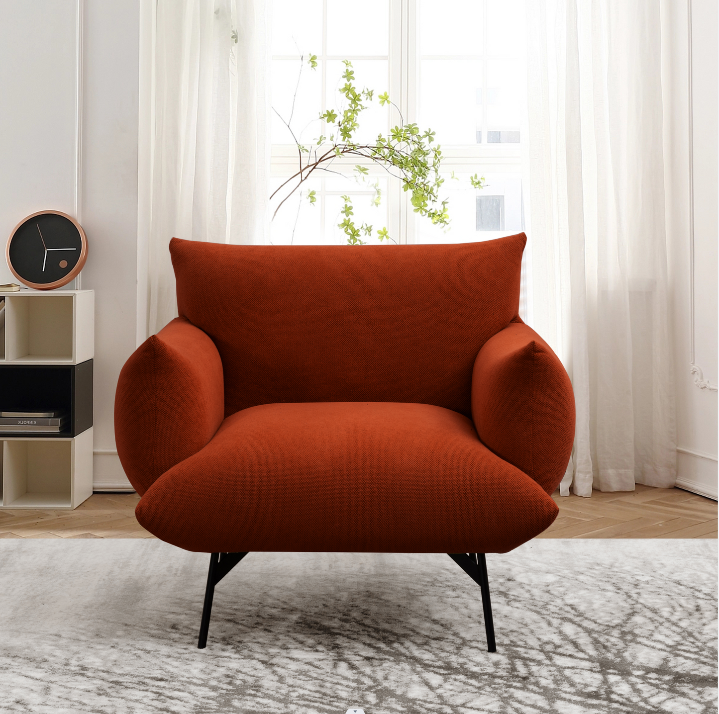 Oversized Living Room Accent Armchair Upholstered-Single Sofa Chair, Mid-Century Modern Comfy Fabric Armchair with Metal Leg for Bedroom Living Room Apartment Curry