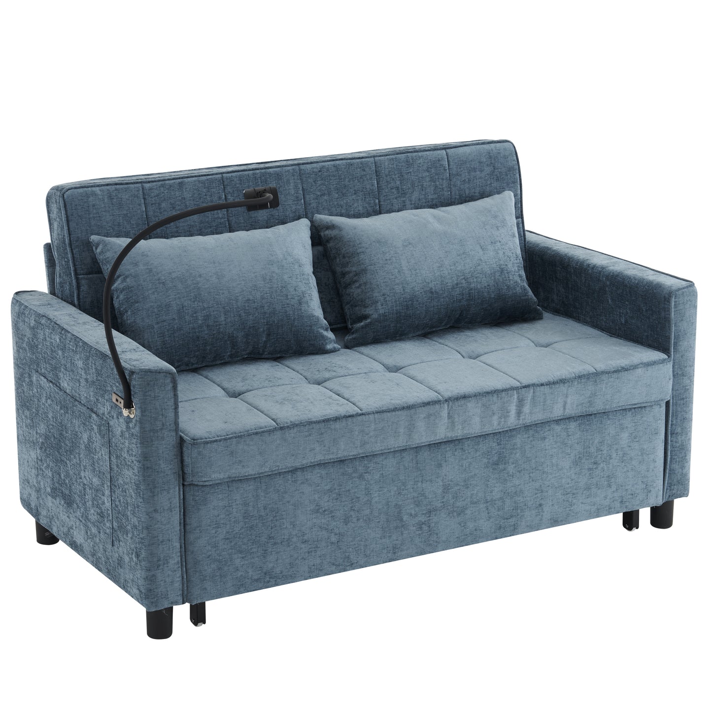 56.9" Loveseat Sofa Pull-out Sofa Bed Sleeper Sofa with a Reversible Backrest Cushion, Side Pockets, Two USB Ports and a Phone Holder for Living Room, Blue