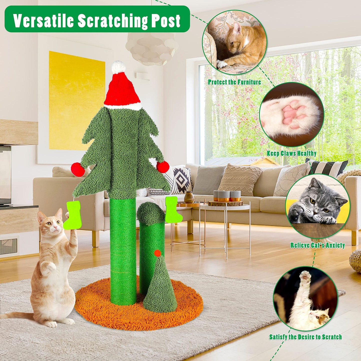 32'' Cat Scratching Post, Tall Christmas Tree Cat Scratcher with 3 Posts and Cute Dangling Teaser Balls, Natural Sisal Rope Cat Toys for Kitty and Adult Cats