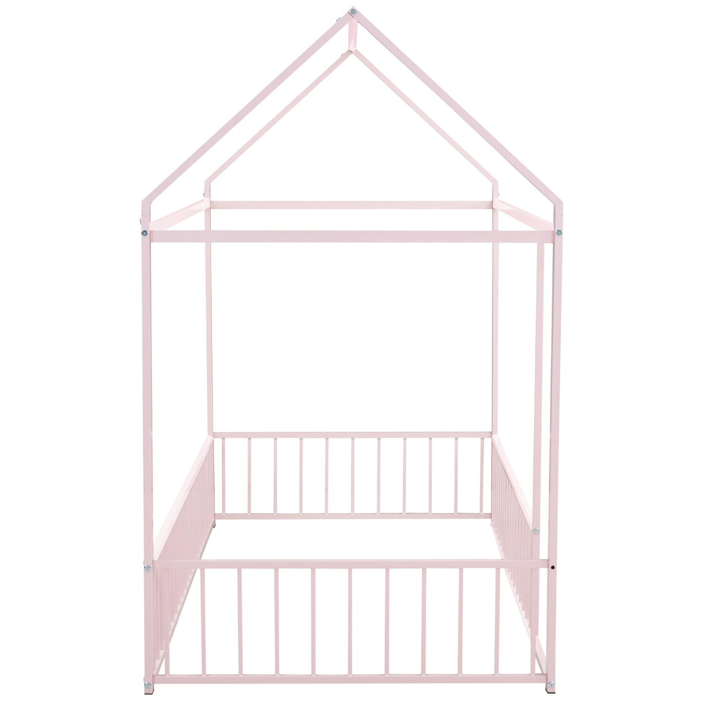 Twin Size Metal Bed House Bed Frame with Fence, for Kids, Teens, Girls, Boys, Pink