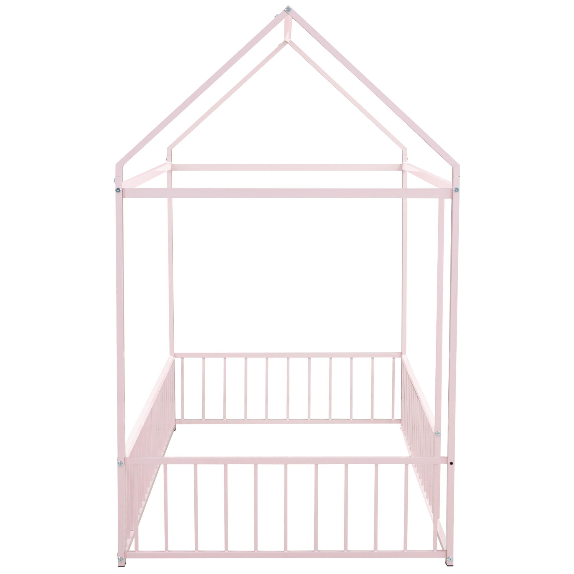 Twin Size Metal Bed House Bed Frame with Fence, for Kids, Teens, Girls, Boys, Pink