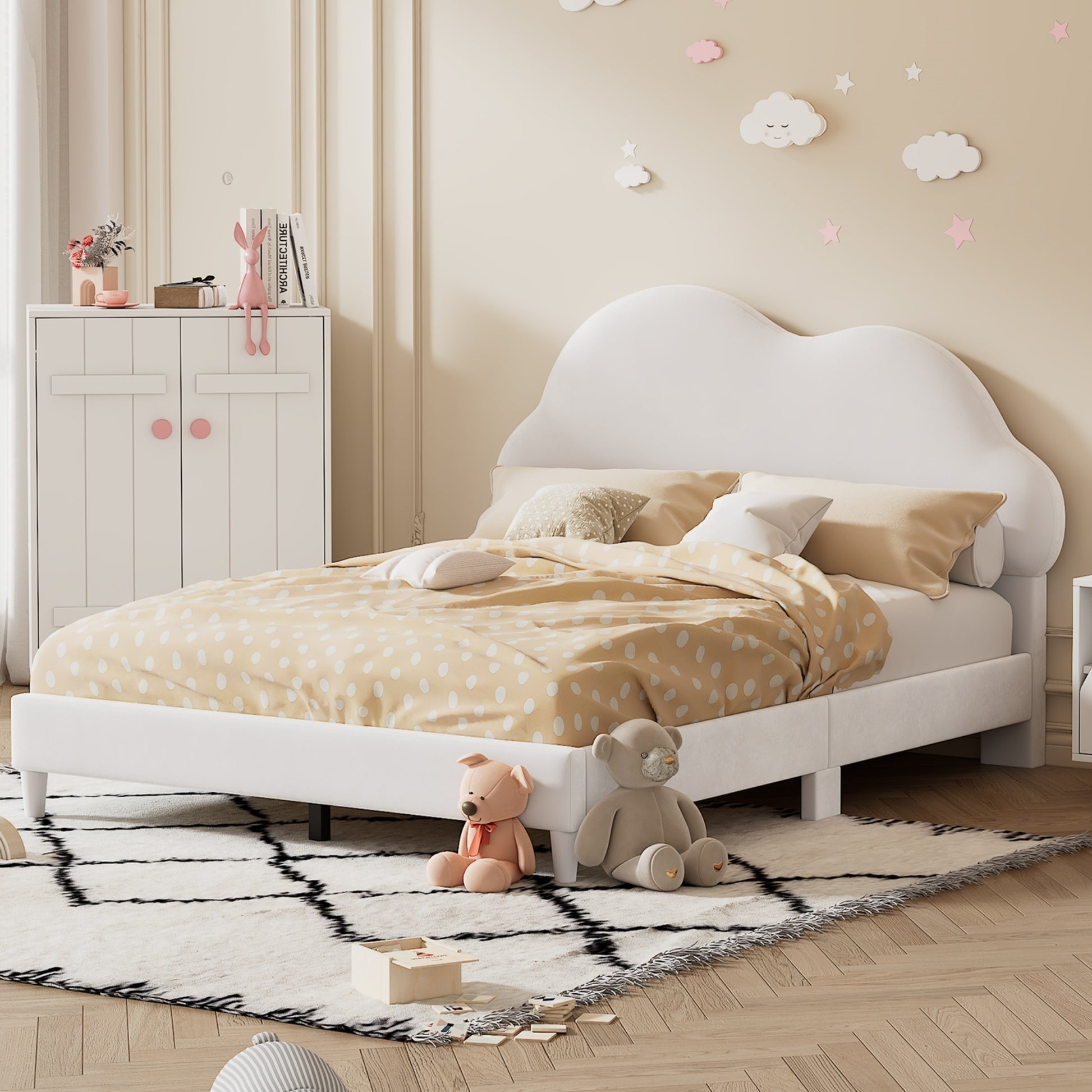 Full size Upholstered Cloud-Shape Bed ,Velvet Platform Bed with Headboard,No Box-spring Needed,Beige